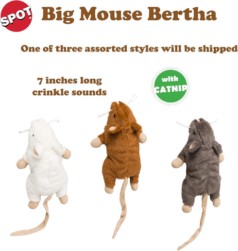 SPOT Big Mouse Bertha Cat Toy with Catnip, Lifelike Plush Mouse, Crinkle Sound, Large 7in Size for Cuddling & Playing
