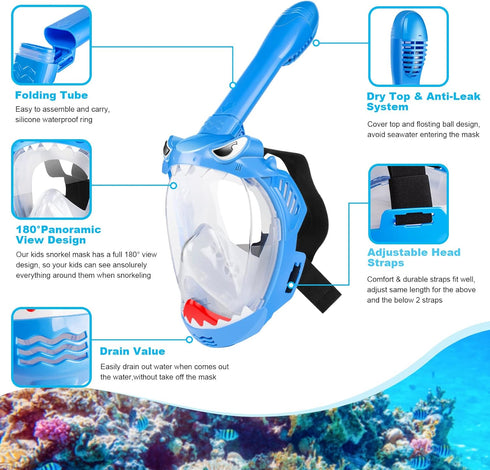 Full Face Snorkel Mask for Kids - 180 Degree Panoramic View Snorkeling Gear, Safe Anti-Leak Anti-Fog