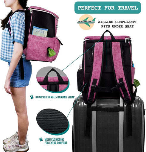 PetAmi Dog Travel Backpack, Airline Approved, Pink - Dog Mom Gift with Food Container & Collapsible Bowls