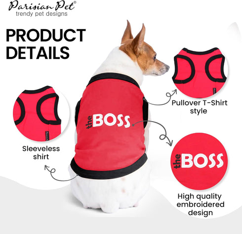 Dog T-Shirt with Embroidered 'The Boss' - Parisian Pet, Lightweight Sleeveless Outfit for Large Dogs - L