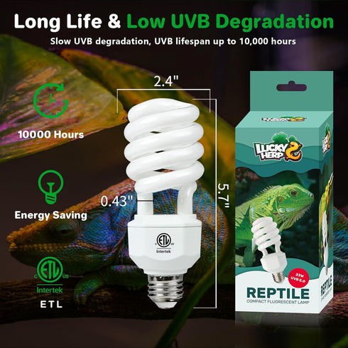 LUCKY HERP UVA UVB Reptile Light 5.0 - Tropical UVB 100 Compact Fluorescent Lamp, 23W UVB Bulb for Reptiles