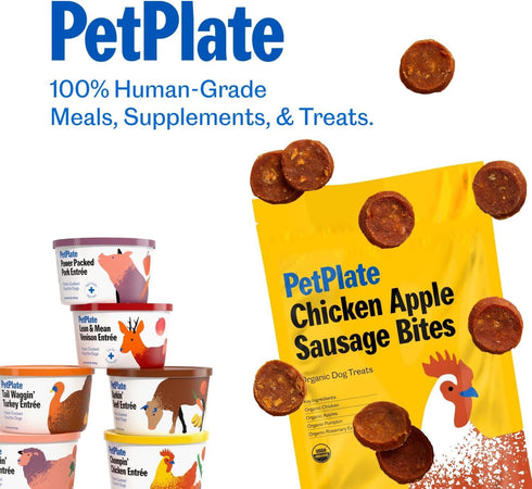 PetPlate Chicken Apple Sausage Bites, Human Grade Dog Treats, All Life Stages, Grain-Free, High Protein, 4.5 Ounce