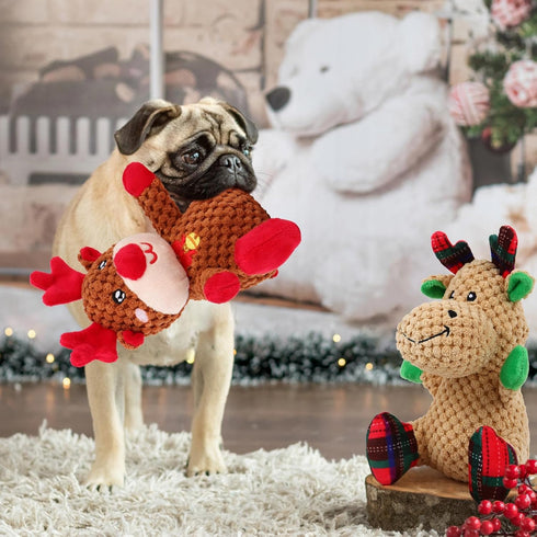 2 Pack Christmas Squeaky Plush Dog Toys for Small Medium Dogs, Durable Stuffed Toys Include Cute Elk