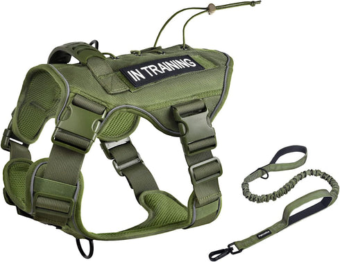Petmolico Tactical Dog Harness with Leash, No Pull Military Service Dog Harness with Hook and Loop Panels, Army Green XL