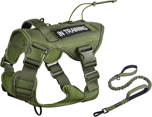 Petmolico Tactical Dog Harness with Leash, No Pull Military Service Dog Harness with Hook and Loop Panels, Army Green XL