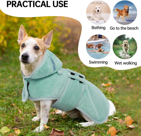 Dog Bathrobe Dog Drying Coat - Microfibre Fast Drying Super Absorbent Towel, Magic Sticker & Belly Strap for Dogs