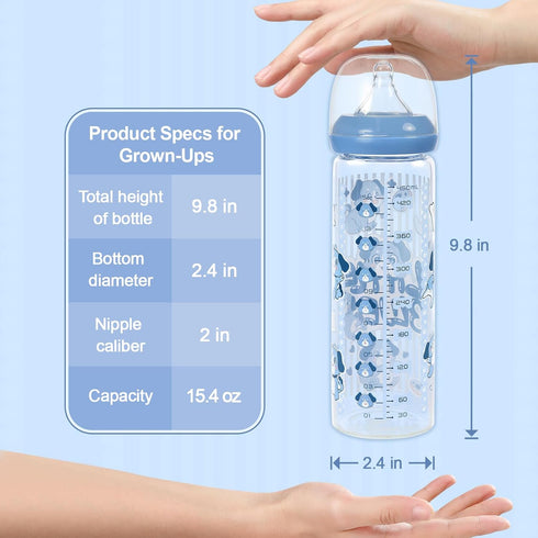 LittleForBig Adult Glass Feeding Bottle Ultra Printed Specialty Oversized Little Blue Pattern