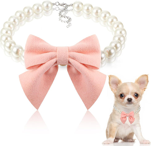 LEIFIDE Dog Pearls Collar Necklace with Pink Bow Pendant, Adjustable Jewelry for Wedding Birthday Pet Grooming (8 Inch)