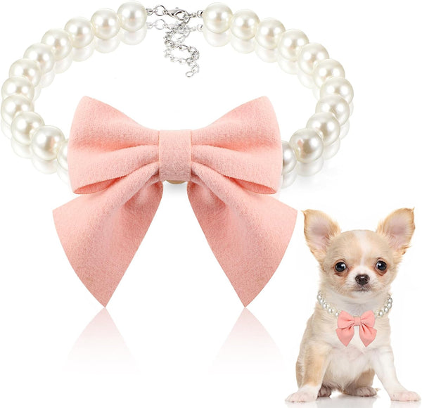 LEIFIDE Dog Pearls Collar Necklace with Pink Bow Pendant, Adjustable Jewelry for Wedding Birthday Pet Grooming (8 Inch)