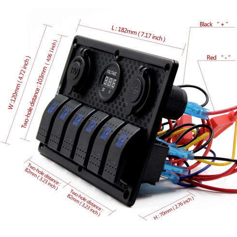 FXC Waterproof Marine Boat Rocker Switch Panel 6 Gang with Dual USB + Cigarette Lighter