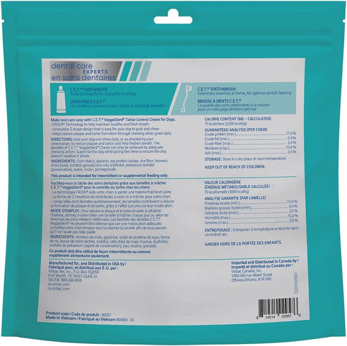 FR3SH 22-66lbs Virbac C.E.T. VEGGIEDENT Tartar Control Chews for Dogs with digestive health support, VOHC Approved