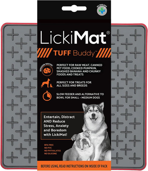 LICKIMAT Tuff, Heavy-Duty Dog Slow Feeder Lick Mat, Boredom Anxiety Reducer, Fun Alternative to Slow Feed Bowl, Red