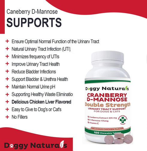 Cranberry D-Mannose for Dogs and Cats, Urinary Tract Infection Support, Double Strength Tablet, 150 Count