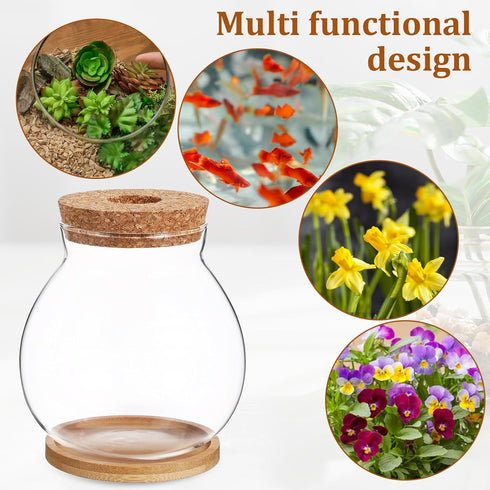 POPETPOP Round Small Fish Bowl, 5.11 x 5.50 Inch Glass Betta Fish Tank with Wood Stopper