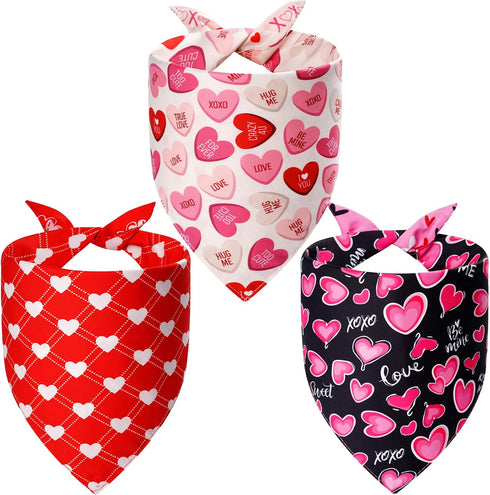 Agroon 3PCS, 6 Dog Valentines Bandana XLarge Pattern Sweetheart Scarf for Boy and Girl, Red Pink Black Triangle