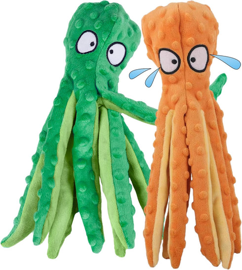 2 Pack Squeaky Dog Toys, Durable Octopus Plush No Stuffing Crinkle Pet Toys for Small, Medium, Large Dogs Teething