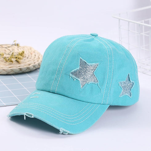 YOLAI Casual Mens and Womens Star Baseball Hat Fashion Broken Holes Outdoor Adult Sunscreen Hat Retro Cap (Sky Blue