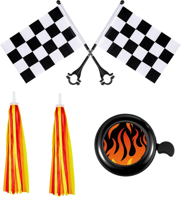 Liliful 5 Pcs Kids Bike Accessories, 2 Pcs Flame Streamers, Bike Bell, 2 Pcs Checkered Flags for Boys Girls