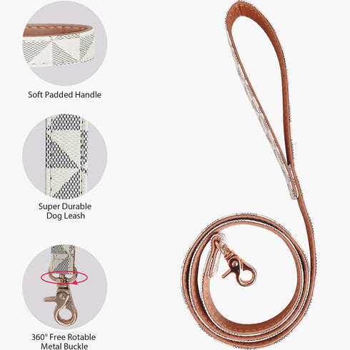 KUDES Dog Leather Collar and 4 ft Leash Set - Adjustable Basic Collar with Bell, Checkered Pattern for Small Medium