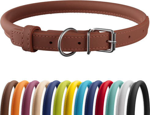 CollarDirect Rolled Leather Dog Collar - Soft Padded Round Puppy Collar, Handmade Genuine Leather for Small Large Cats