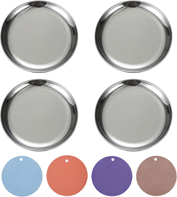 Cat Food Dishes, Stainless Steel Shallow Dish with Non-Slip Placemat, 4 PCS Medium Pet Dishes