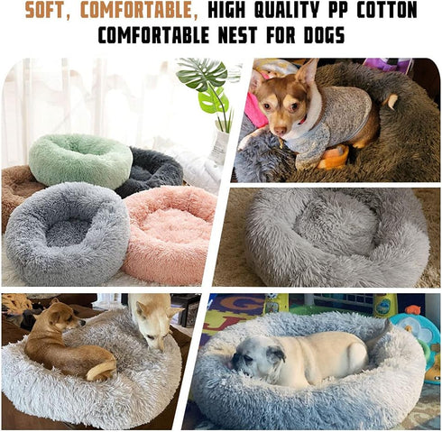Calming Dog Beds for Small Medium Dogs, Round Donut Washable Dog Bed, Anti-Slip Faux Fur Fluffy Cuddler Anxiety Cat Bed