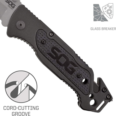 SOG Escape Tactical Folding Pocket Knife - 3.4 Inch Serrated Edge Blade with Glass Breaker, Black