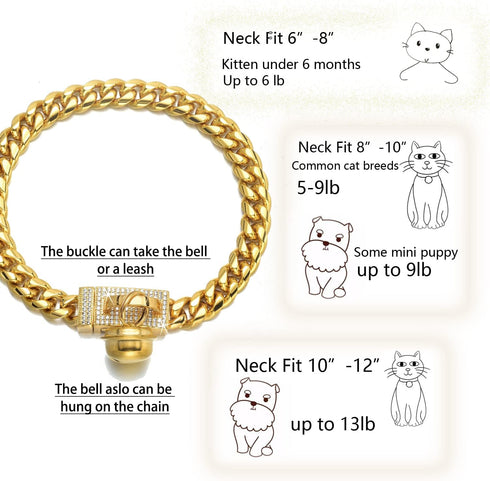 18K Gold Cat Dog Collar Kitten Puppy Wide Stainless Steel Choker, Chew Proof Cuban Link 10mm Chain with Gold Bell