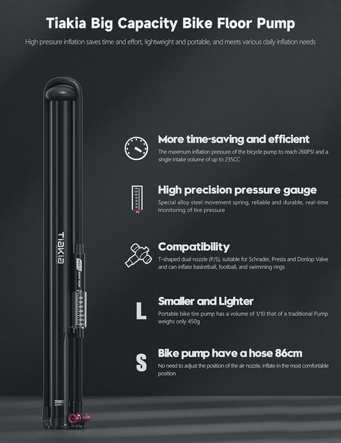 Tiakia Bike Floor Pump with Gauge - 260psi High Pressure Bicycle Pump, Portable Hand Air Pump for Presta, Schrader