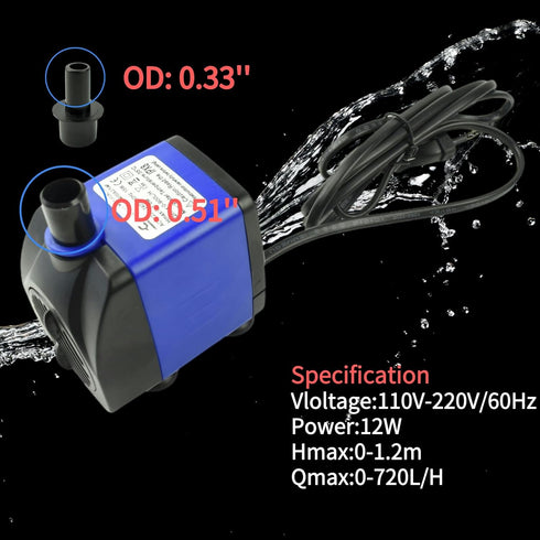 CHA-750 720L/H AC 110V Submersible Pump, 12W Quiet Water Pump for Fish Tanks and Ponds