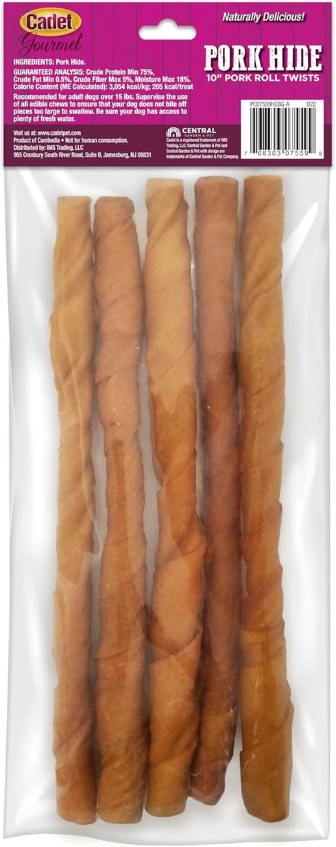 Cadet Gourmet Pork Hide Rolls, 10 in, 5 Count Dog Treats