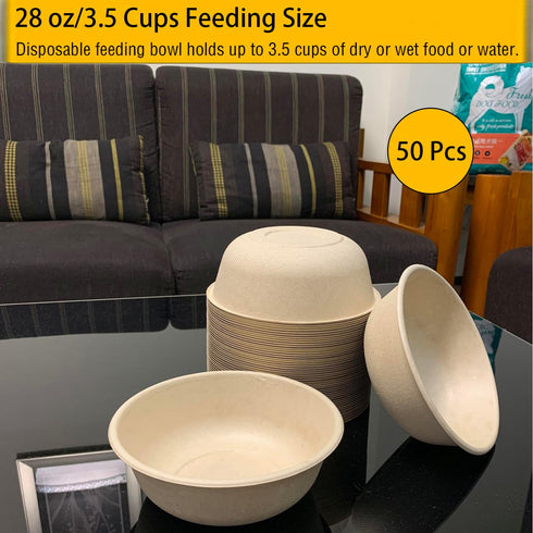 JETKONG 28 oz/3.5 cup Disposable Dog Bowls 50pk, 100% Compostable Paper Feeding Bowls for Dry and Wet Food