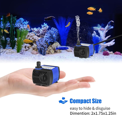 AQUANEAT Small Fountain Pump, 80 GPH Mini Submersible Water Pump with 3.3 ft Tubing, for Aquarium Fish Tank, Pet Water Fountain, Water Table, Waterfall by AQUANEAT