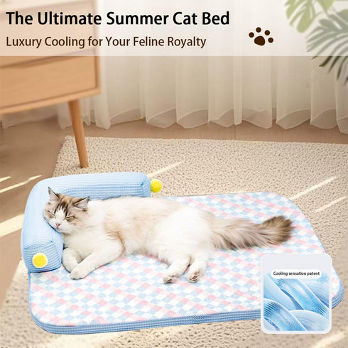 Lunale 21"x15"x4") All-Season Ice Fabric Cat Bed with Cushioned Pillow/Play Ball/Washable Mat for Cats, Kittens & Small