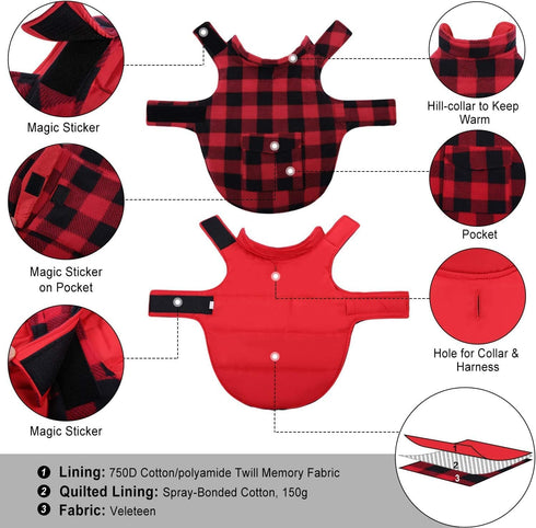 ASENKU Dog Winter Coat - Fleece Doggie Jacket Plaid Reversible Vest, Waterproof Windproof Cold Weather Clothes for