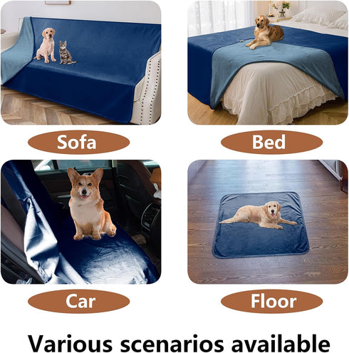 100% Waterproof Dog Blanket - 68x82 inches Soft Leak Proof Pet Couch Throw, Washable, Navy Blue+Stone Blue