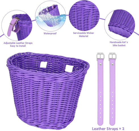 Kids Bike Basket Set - Handwoven Bike Baskets for Children with Spare Leather Straps and Bell, Easy Install