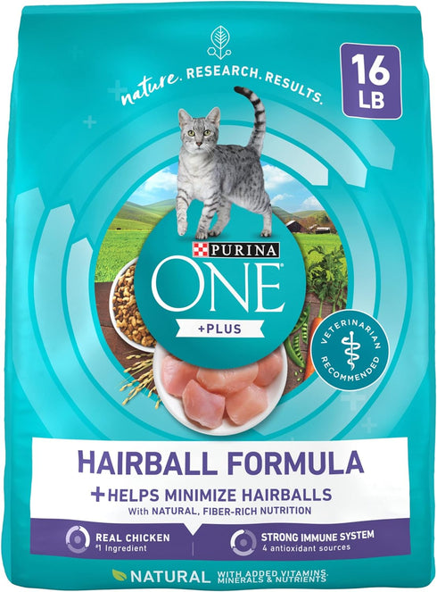 Purina ONE Natural Cat Food for Hairball Control, +PLUS Hairball Formula, 16 lb Bag