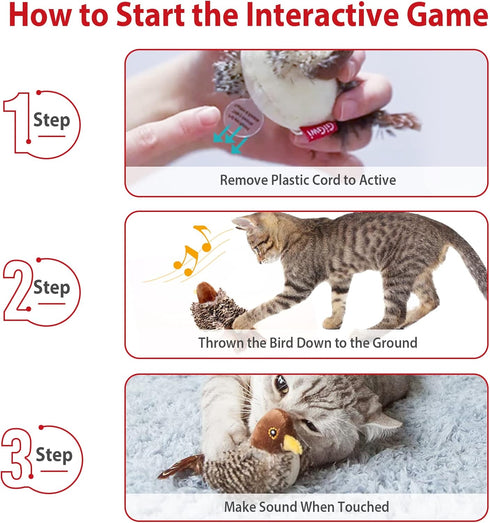 Gigwi Interactive Toy Set for Indoor Cats - 3PCS Plush Pack with Squeaky Feather, Mouse Hunt, Chase Bird, and Chirping