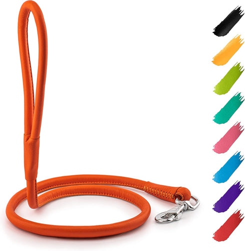 WAUDOG Heavy Duty Rolled Leather Dog Leash, 4Ft x 0.3in for Small Medium Large Dogs, Outdoor Walking Training (Orange)