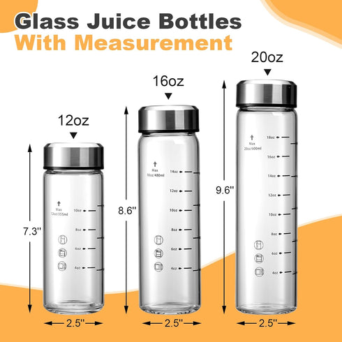 SIEROZUR Juice Bottles - 6 Pack Wide Mouth Glass Bottles with Lids for Juicing, 12oz, BPA Free