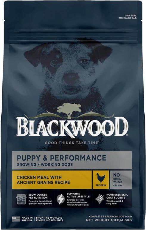 Blackwood Puppy & Performance Dry Dog Food, Chicken Meal with Ancient Grains, 10 Pound Bag for Growing & Working Dogs