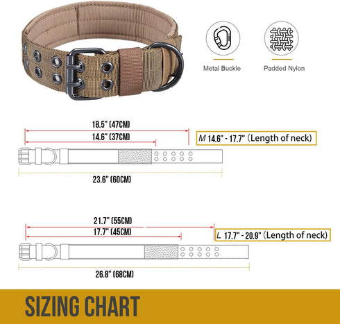 OneTigris Military Adjustable Dog Collar, Metal D Ring & Buckle, 2 Sizes (Coyote Brown, M)