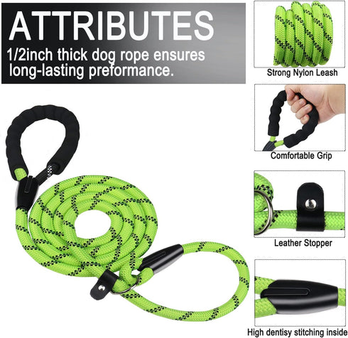 6 FT Dog Leash, durable dog leash, Heavy Duty Rope Dog Leash, Strong Training Dog Leash with Comfortable Padded Handle and Highly Reflective Threads for Small Medium and Large Dogs, (Green)