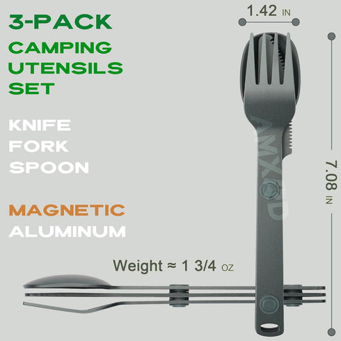 Magnetic Camping Utensils Set, Portable & Reusable Metal Travel Flatware, Outdoor Backpacking Cutlery Set, Knife, Fork & Spoon, 3-PACK, Gray by AMXRD