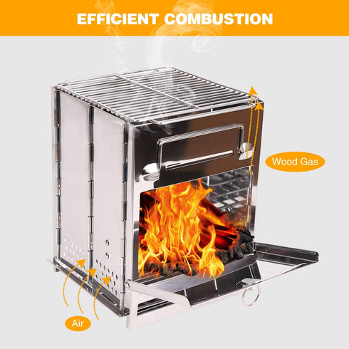 Portable Folding Camping Wood Stove for Outdoor Cooking, Lightweight Stainless Steel with Grill