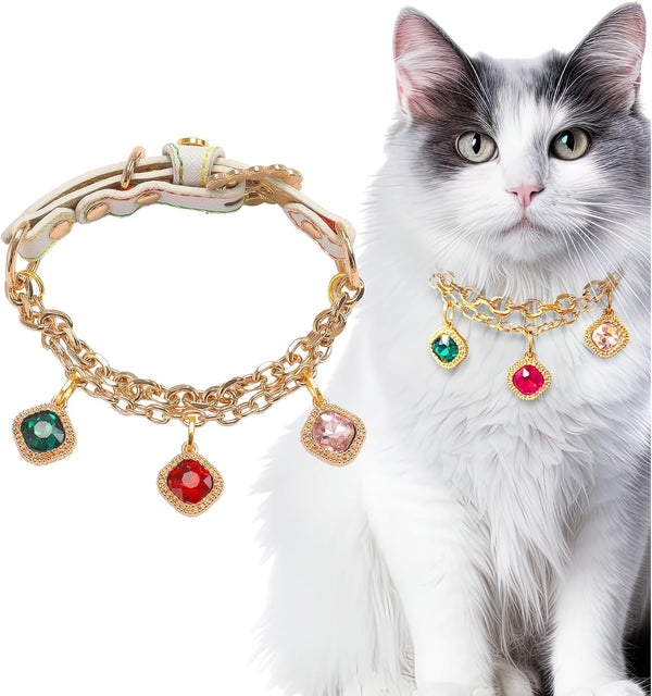 KUDES Adjustable Pet Collar for Small Dogs and Cats, PU Leather with Rhinestone Diamond Pendant, M (10"-11.8")