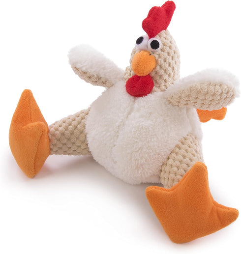 goDog Checkers Fat Rooster Dog Toy, Squeaky Plush, White, Small, Chew Guard Technology