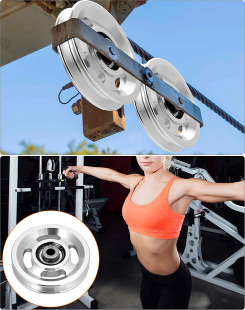 QWORK Universal Aluminium Alloy Bearing Pulley Wheel, 95mm Size, High Load Capacity 660 lbs, 2 Pieces for Gym Equipment