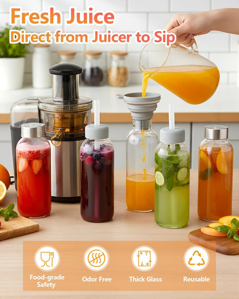 16 oz, 8 Pack Zukro Glass Water Bottles with Lids & Straw Reusable Juice Bottles With Stainless Steel Cap for Juicing